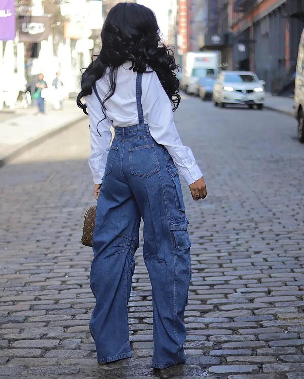 Adjustable Shoulder Strap Multiple Pockets Loose Wide Leg Denim Jumpsuits