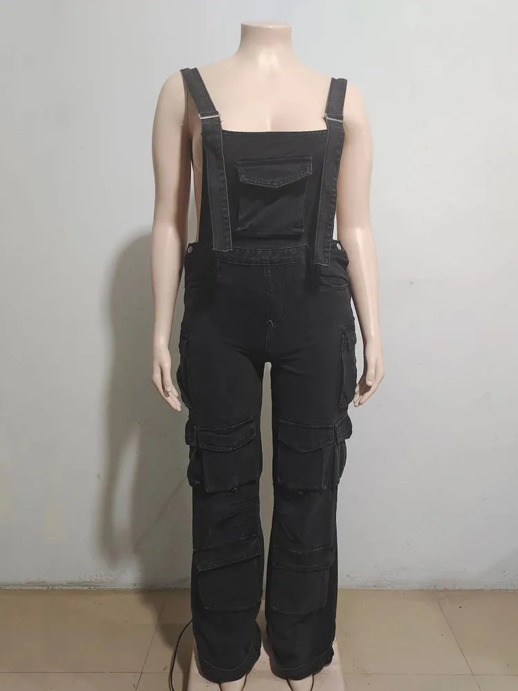 Adjustable Shoulder Strap Multiple Pockets Loose Wide Leg Denim Jumpsuits