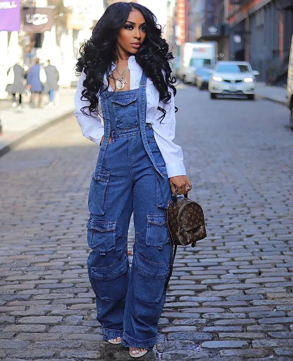 Adjustable Shoulder Strap Multiple Pockets Loose Wide Leg Denim Jumpsuits