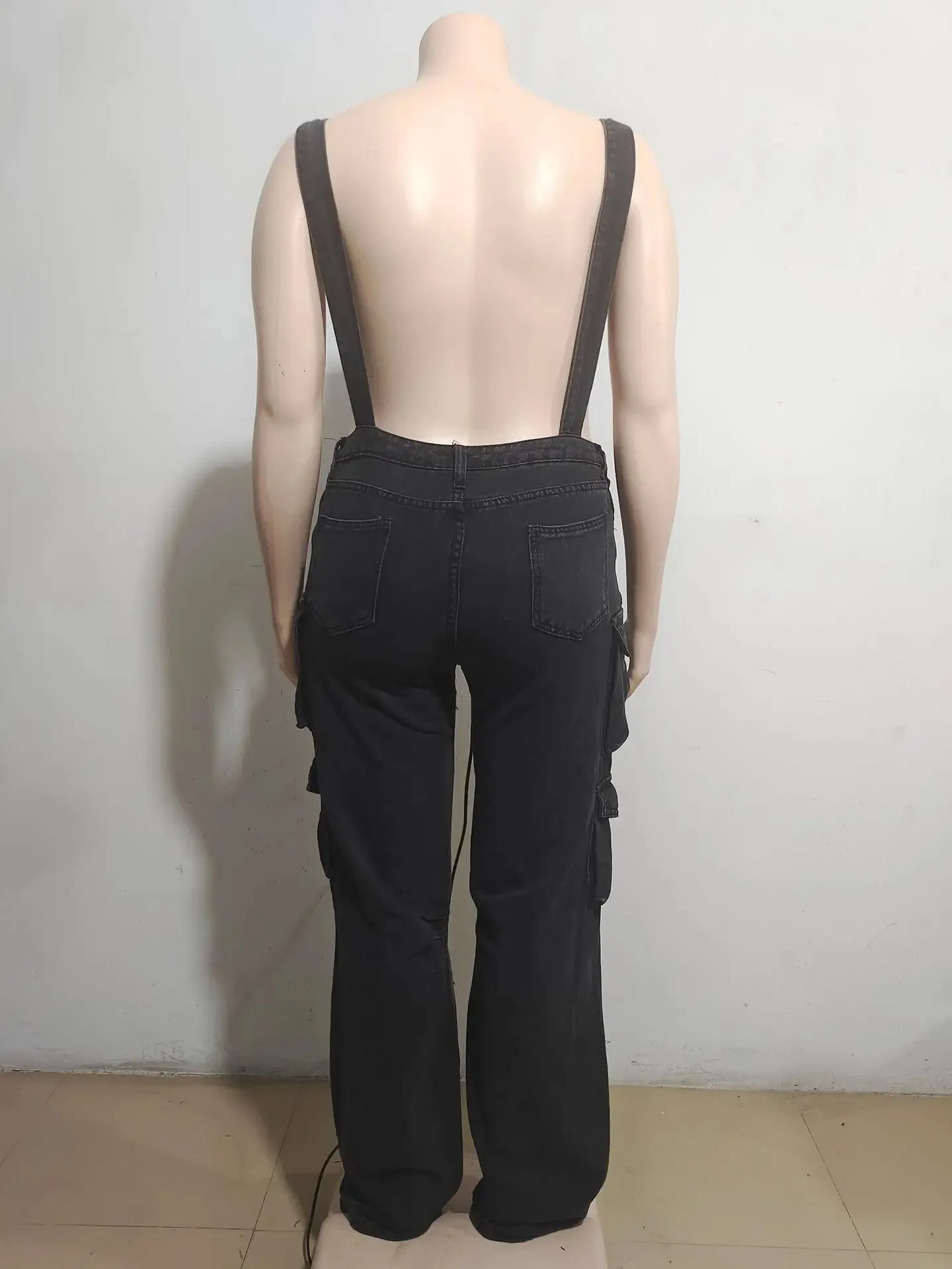 Adjustable Shoulder Strap Multiple Pockets Loose Wide Leg Denim Jumpsuits