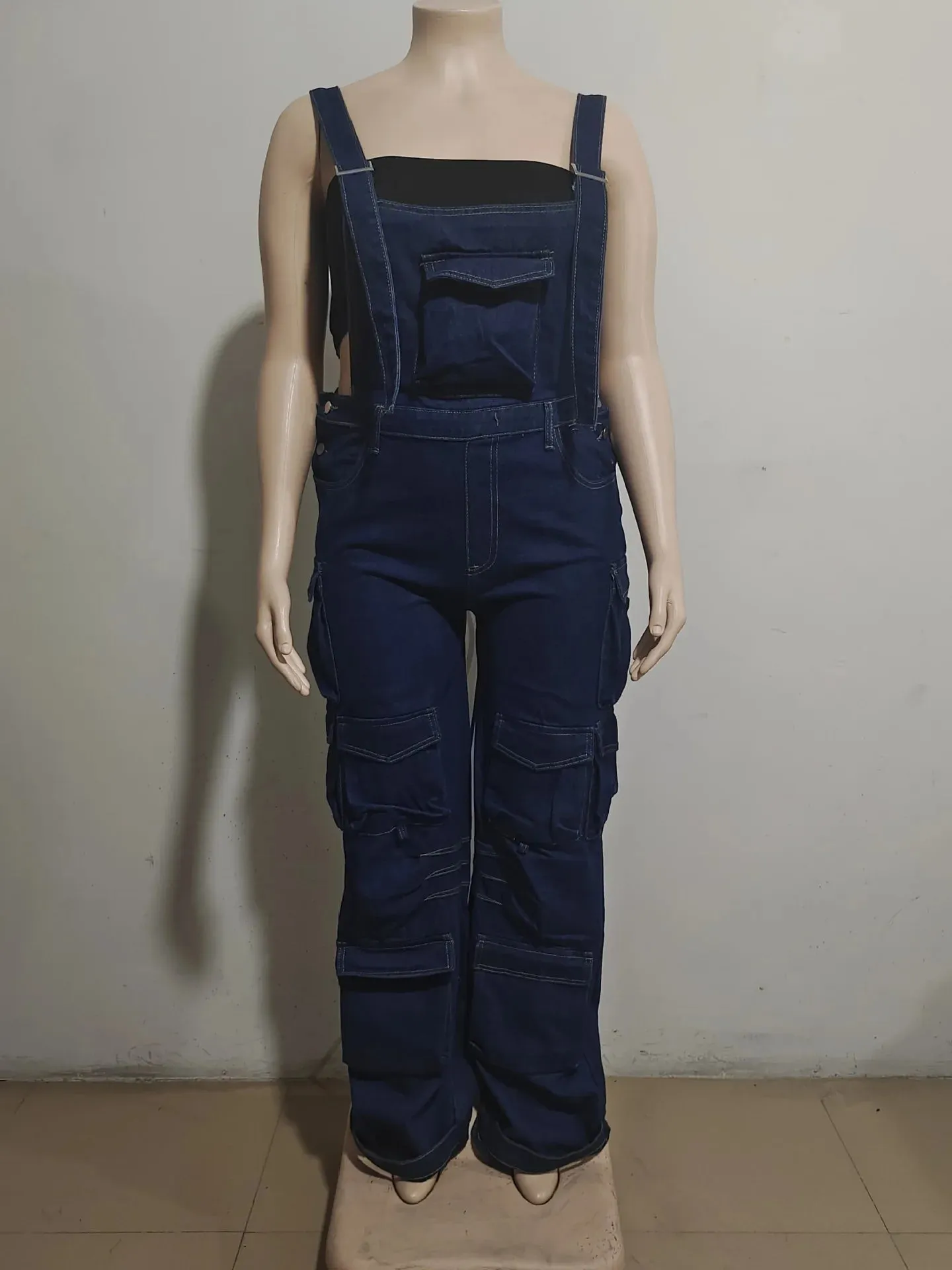 Adjustable Shoulder Strap Multiple Pockets Loose Wide Leg Denim Jumpsuits