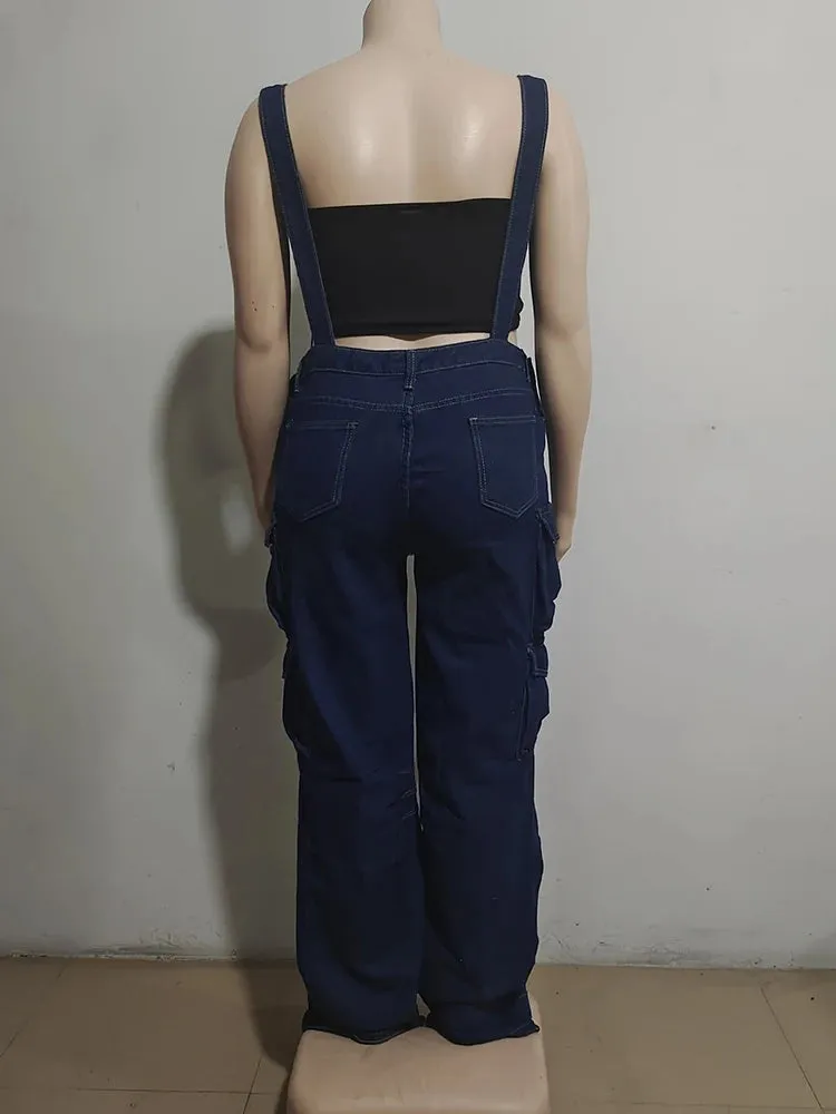 Adjustable Shoulder Strap Multiple Pockets Loose Wide Leg Denim Jumpsuits