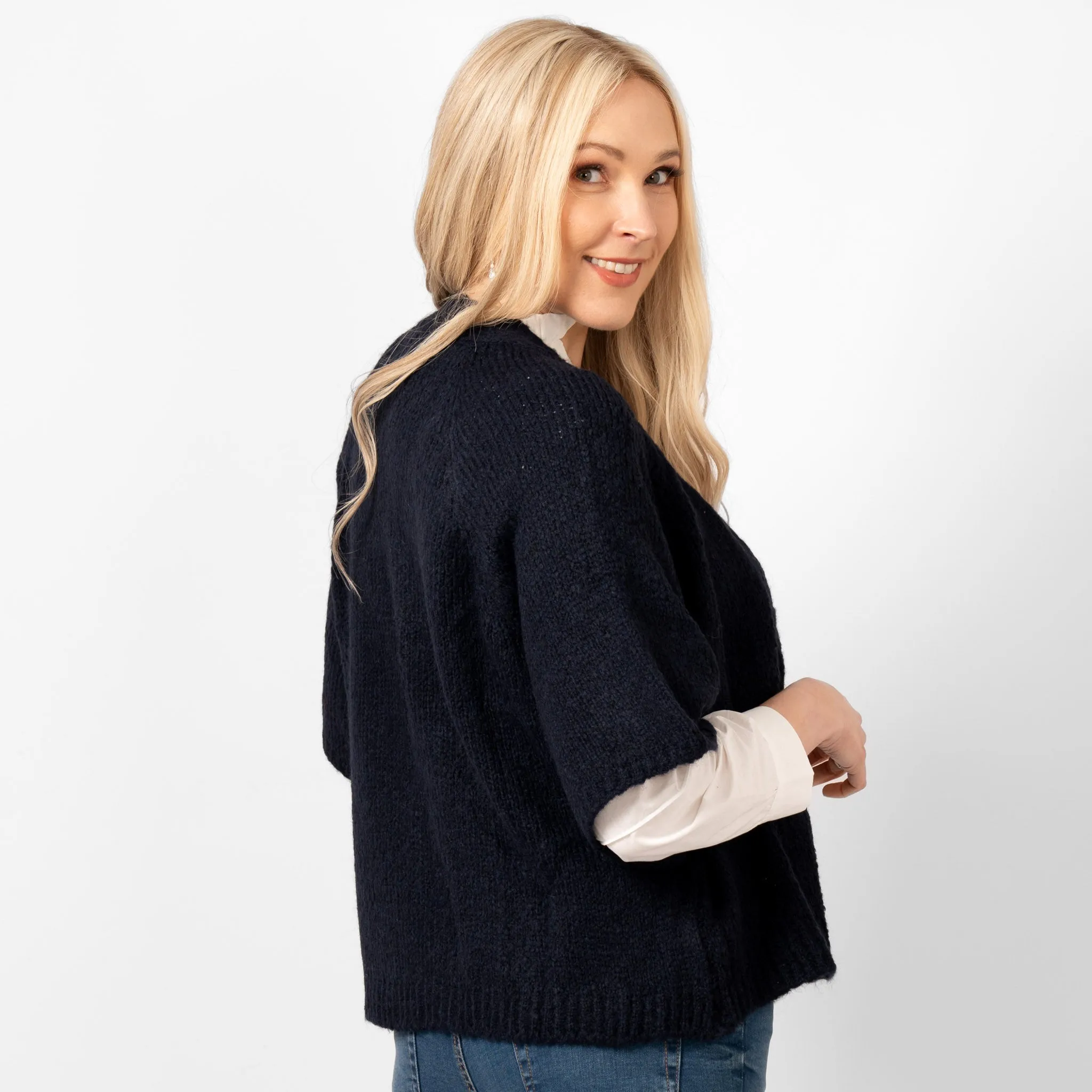 Amelia Short Sleeve Wool Blend Cardigan - Navy Blue