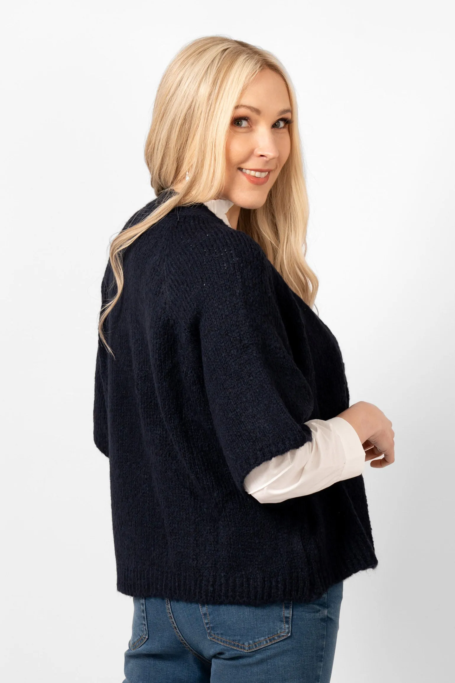 Amelia Short Sleeve Wool Blend Cardigan - Navy Blue