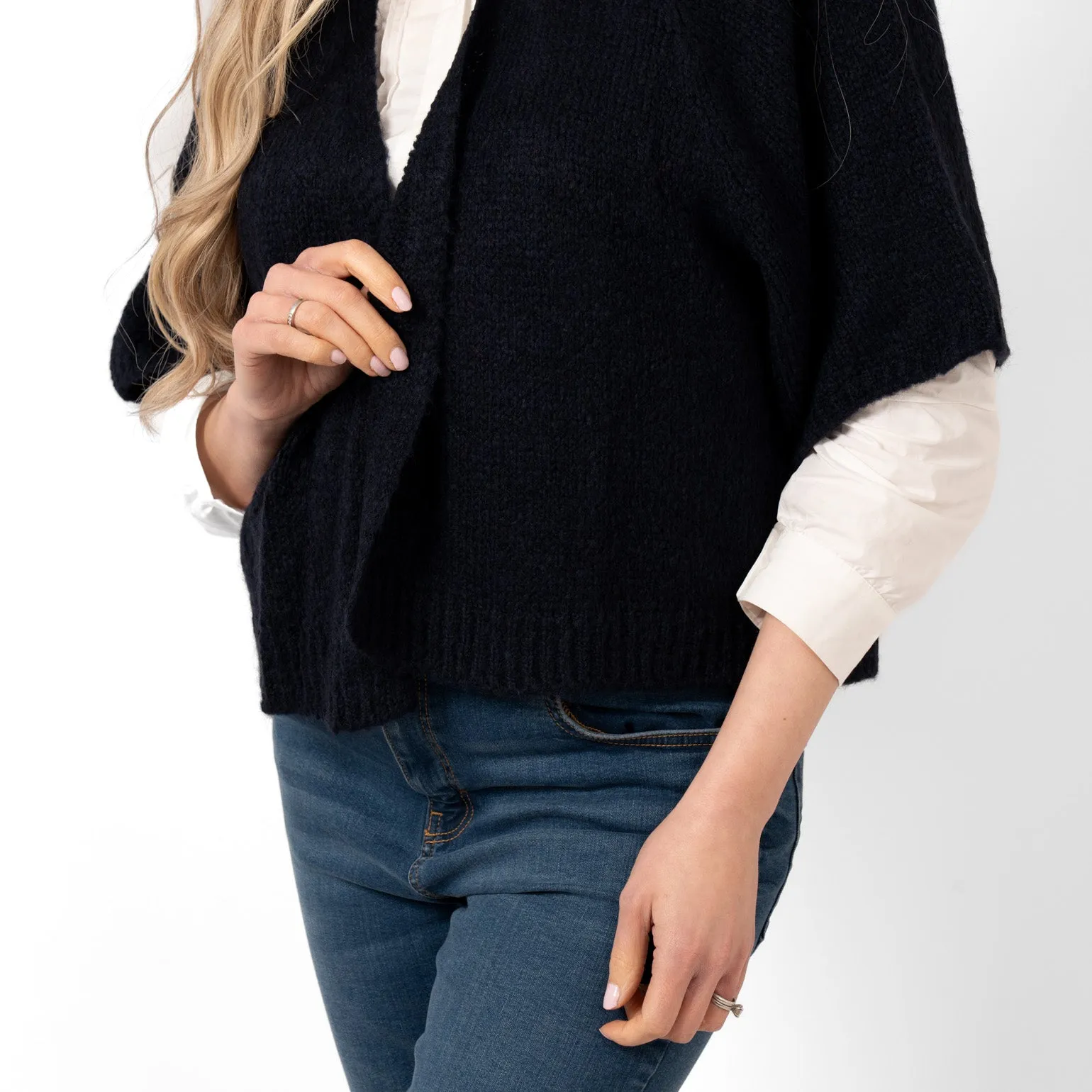 Amelia Short Sleeve Wool Blend Cardigan - Navy Blue