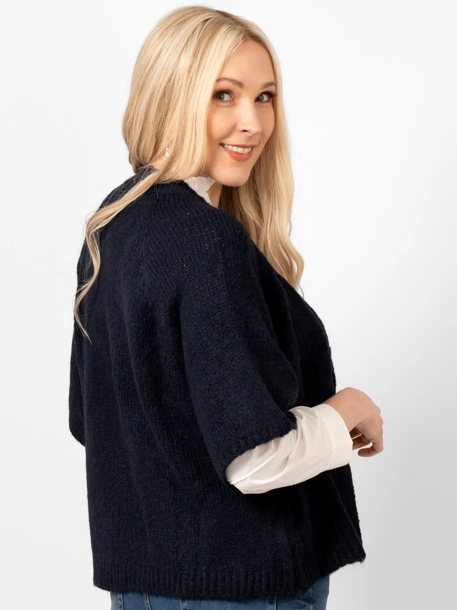 Amelia Short Sleeve Wool Blend Cardigan - Navy Blue