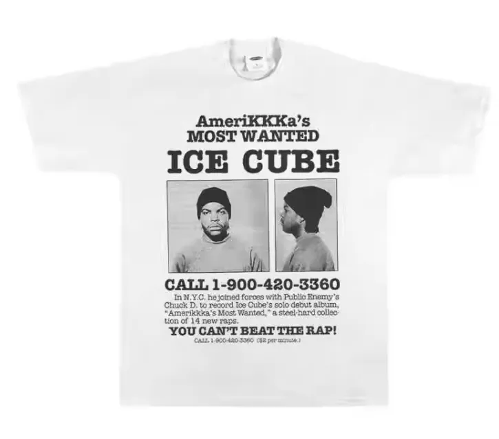 AMERIKKKA'S MOST WANTED ICE CUBE PRINT CREW NECK T SHIRT IN WHITE