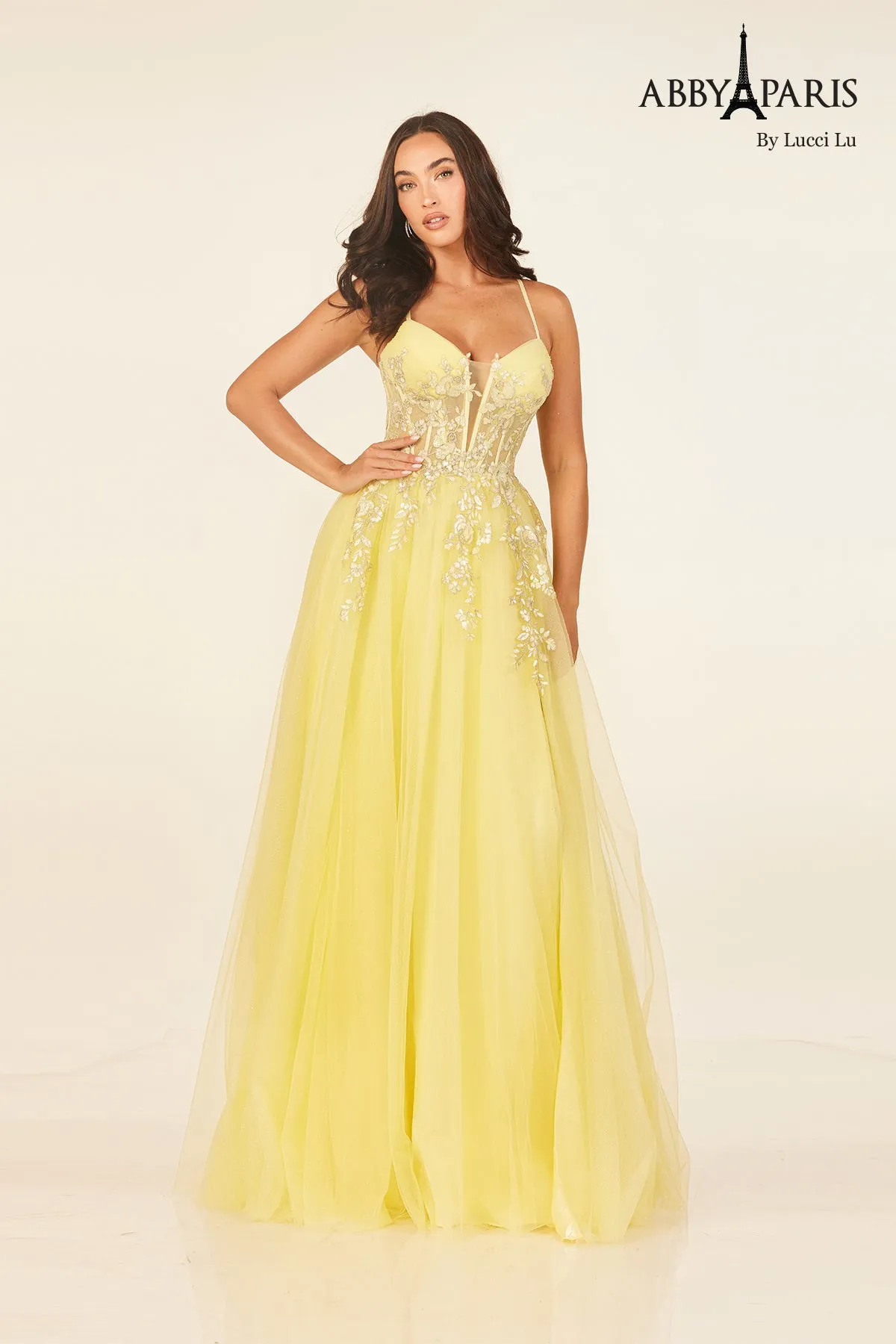 Applique Corset A-line Slit Gown by Abby Paris 90336