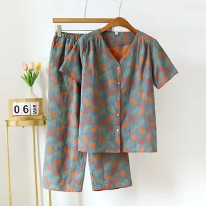 Ashley - Ginkgo Leaf Jacquard V-Neck Short Loungewear - Light & Comfortable