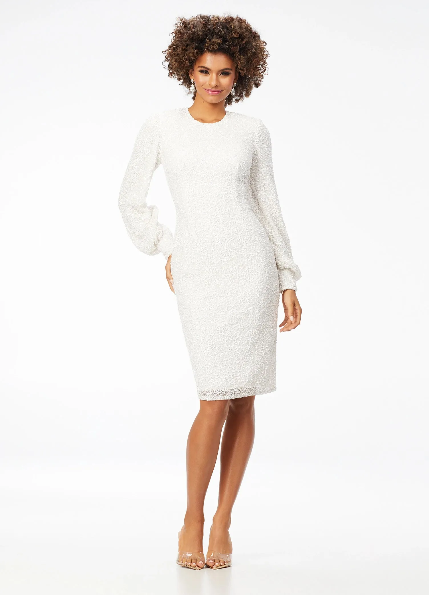 Ashley Lauren 4496 Sequin Bishop Sleeve Crew Neck Tea Length Cocktail Dress