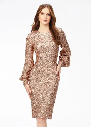 Ashley Lauren 4496 Sequin Bishop Sleeve Crew Neck Tea Length Cocktail Dress