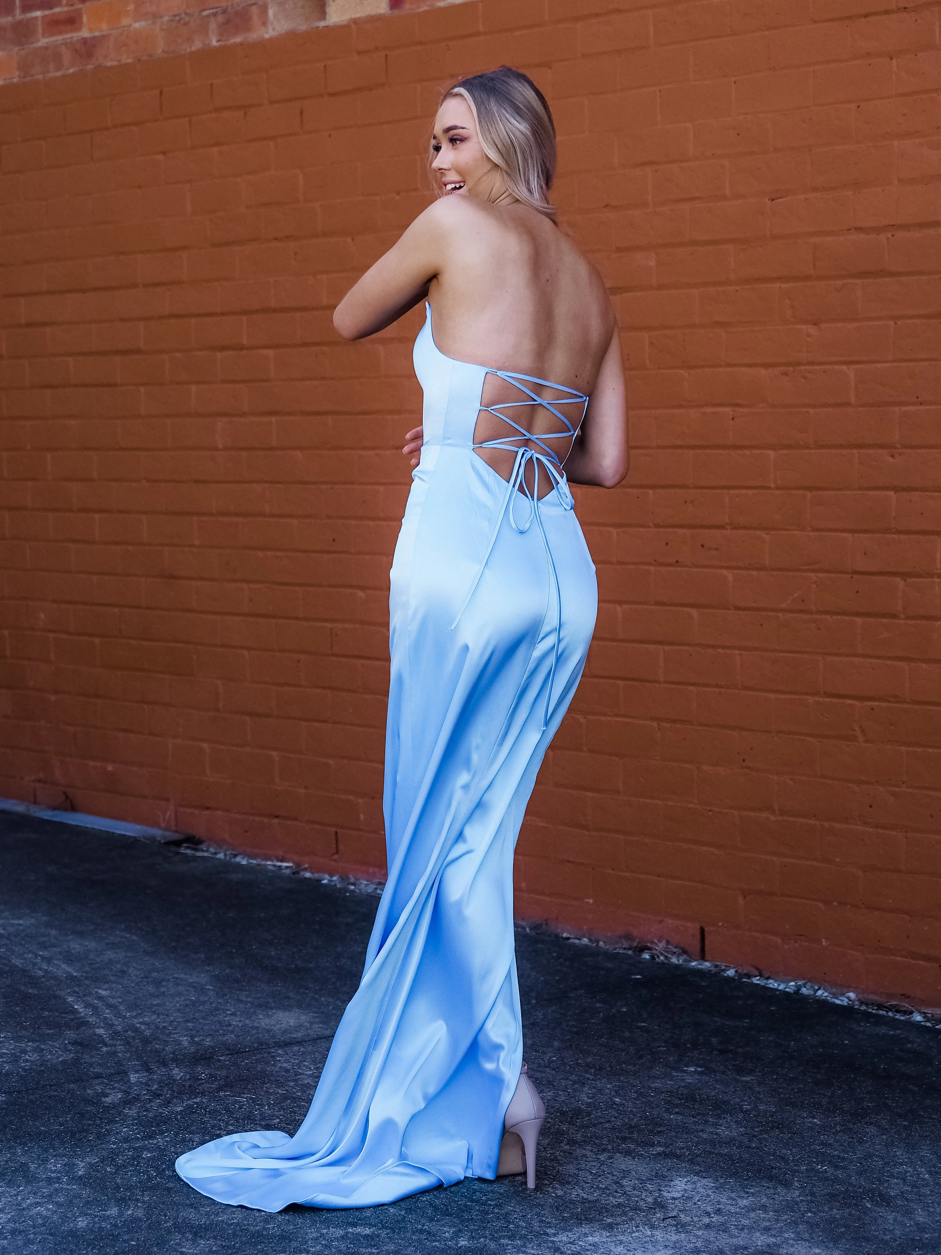 Baby Blue Satin with crescent moon and a high slit