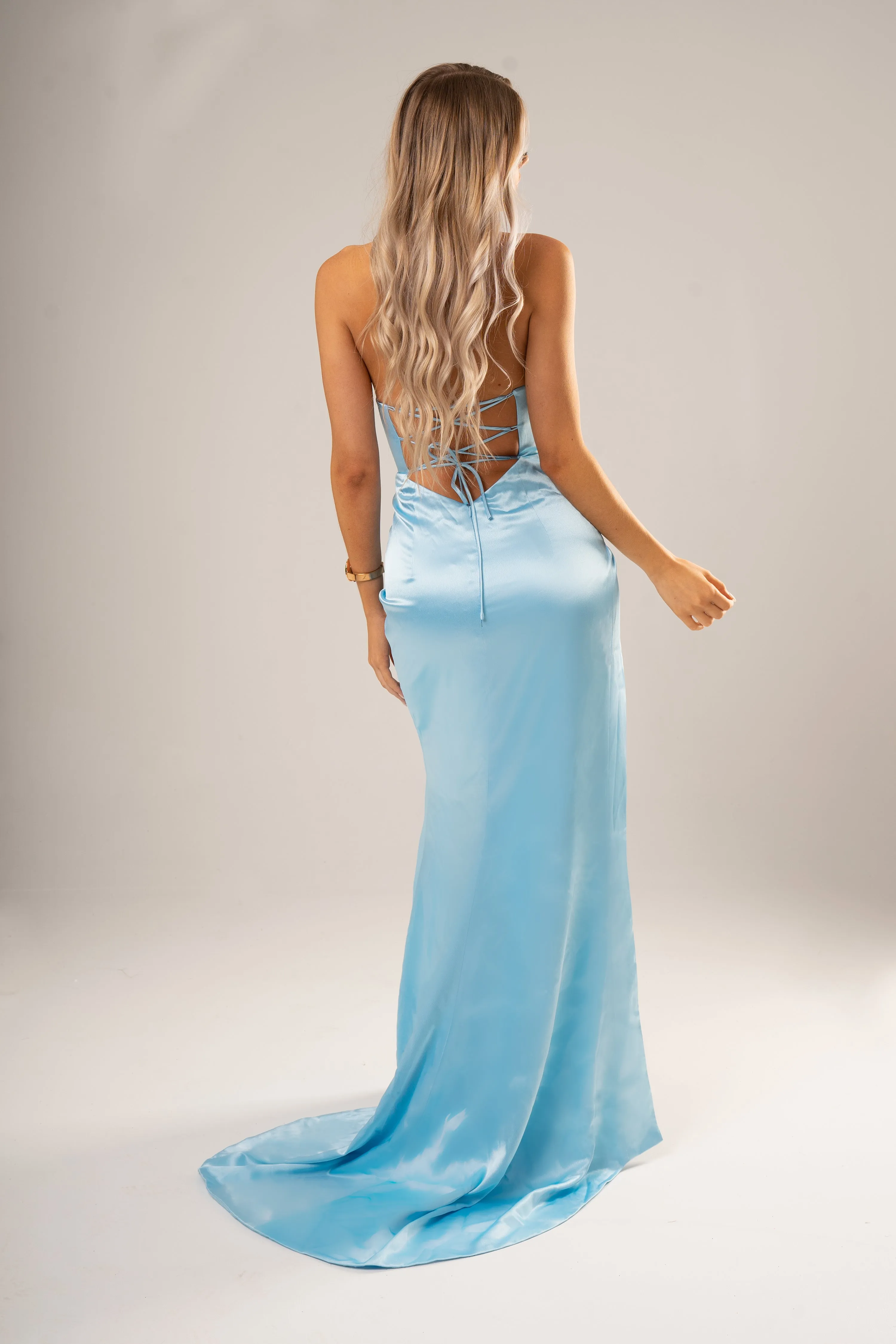 Baby Blue Satin with crescent moon and a high slit