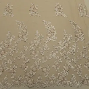 Beige Nude Floral 3D High Relief Embroidery Tulle Fabric