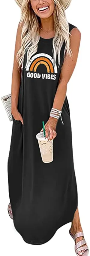 Black Rainbow Women's Casual Loose Long Sleeveless Sundress with Pockets - ANRABESS