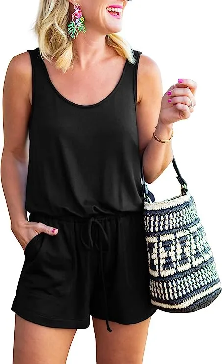 Black Summer Scoop Neck Sleeveless Tank Top Short jumpsuit Rompers - ReoRia