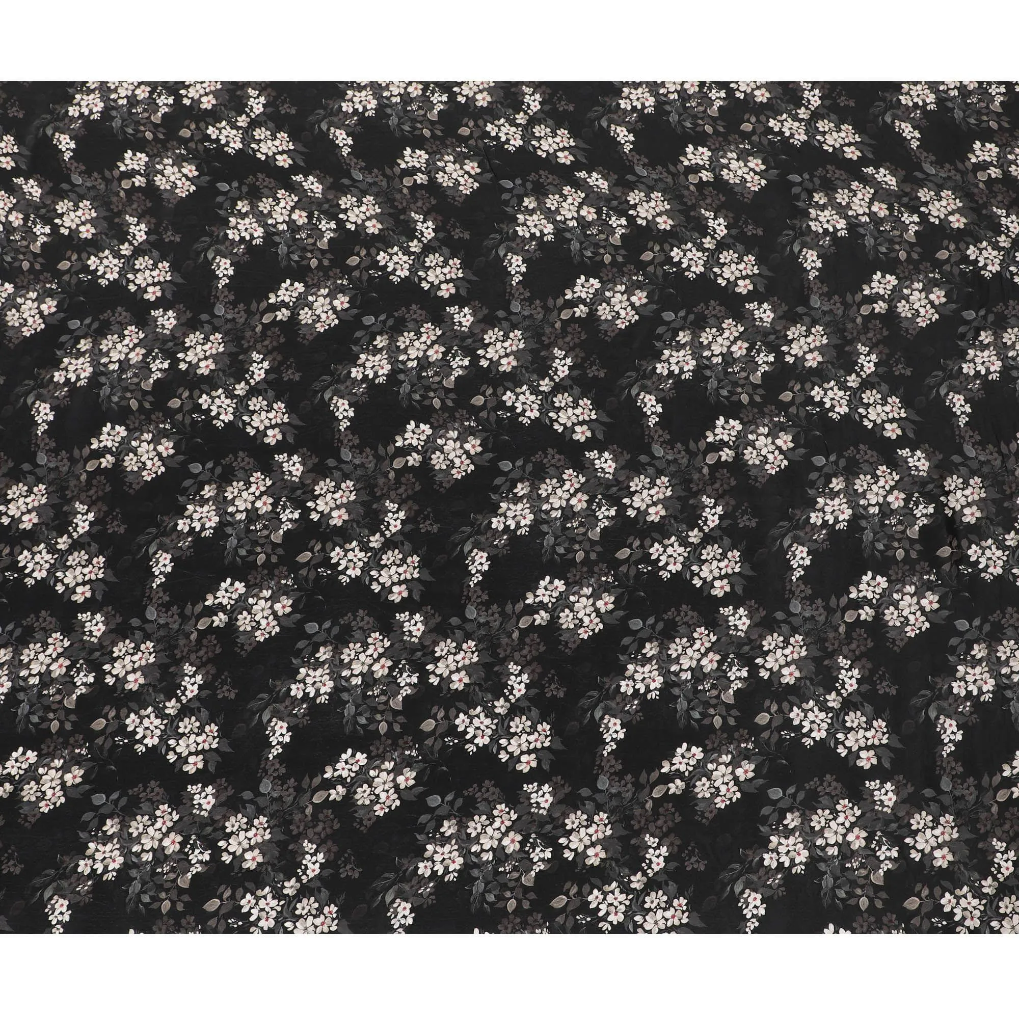 Black synthetic crepe fabric with white, light green and red digital prints in floral design-D15771