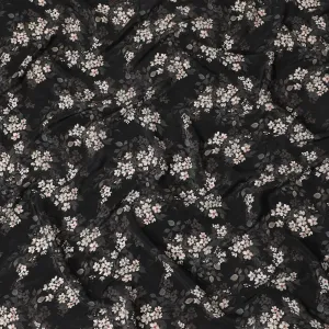 Black synthetic crepe fabric with white, light green and red digital prints in floral design-D15771