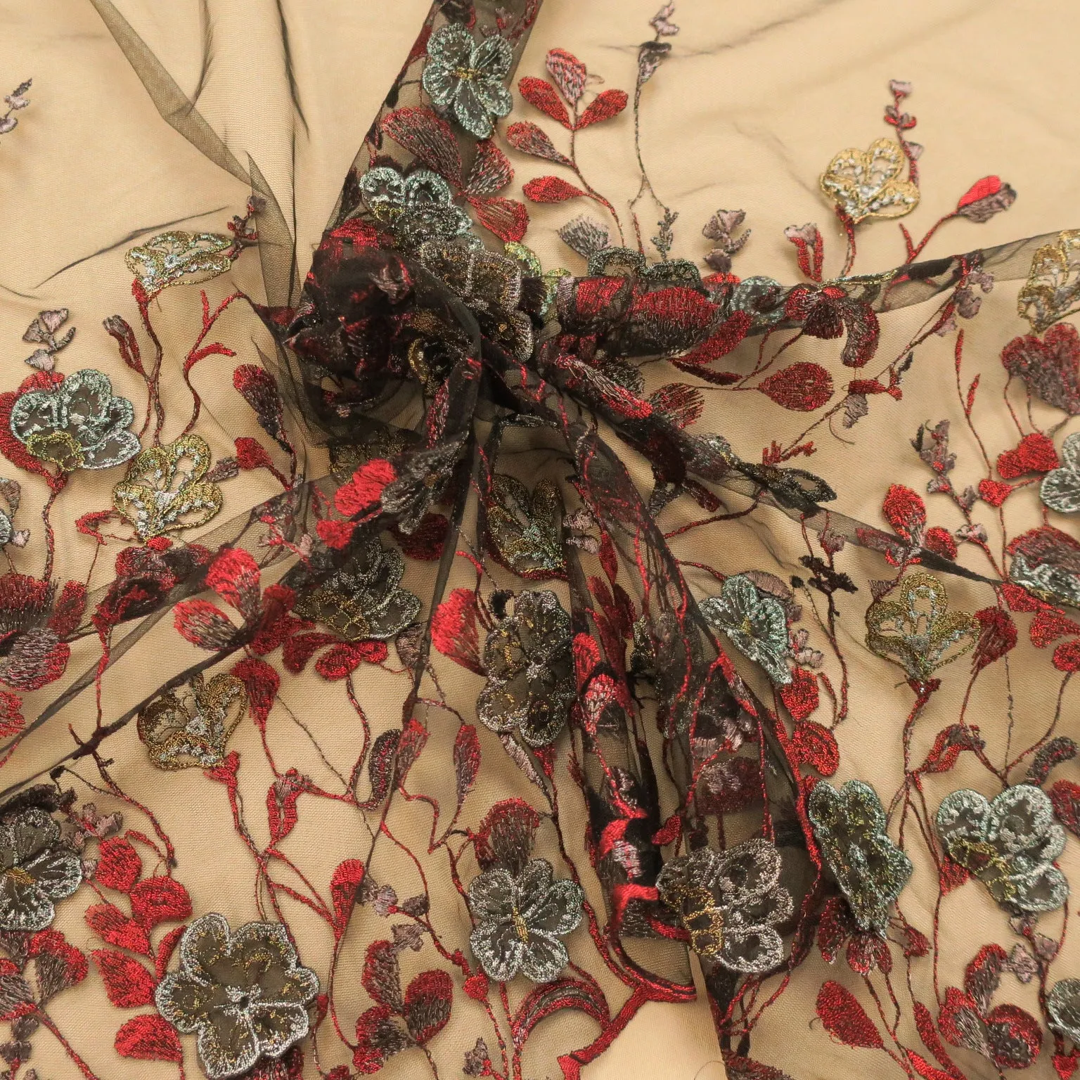 Black Tulle With Silver and Red Floral Embroidery Fabric