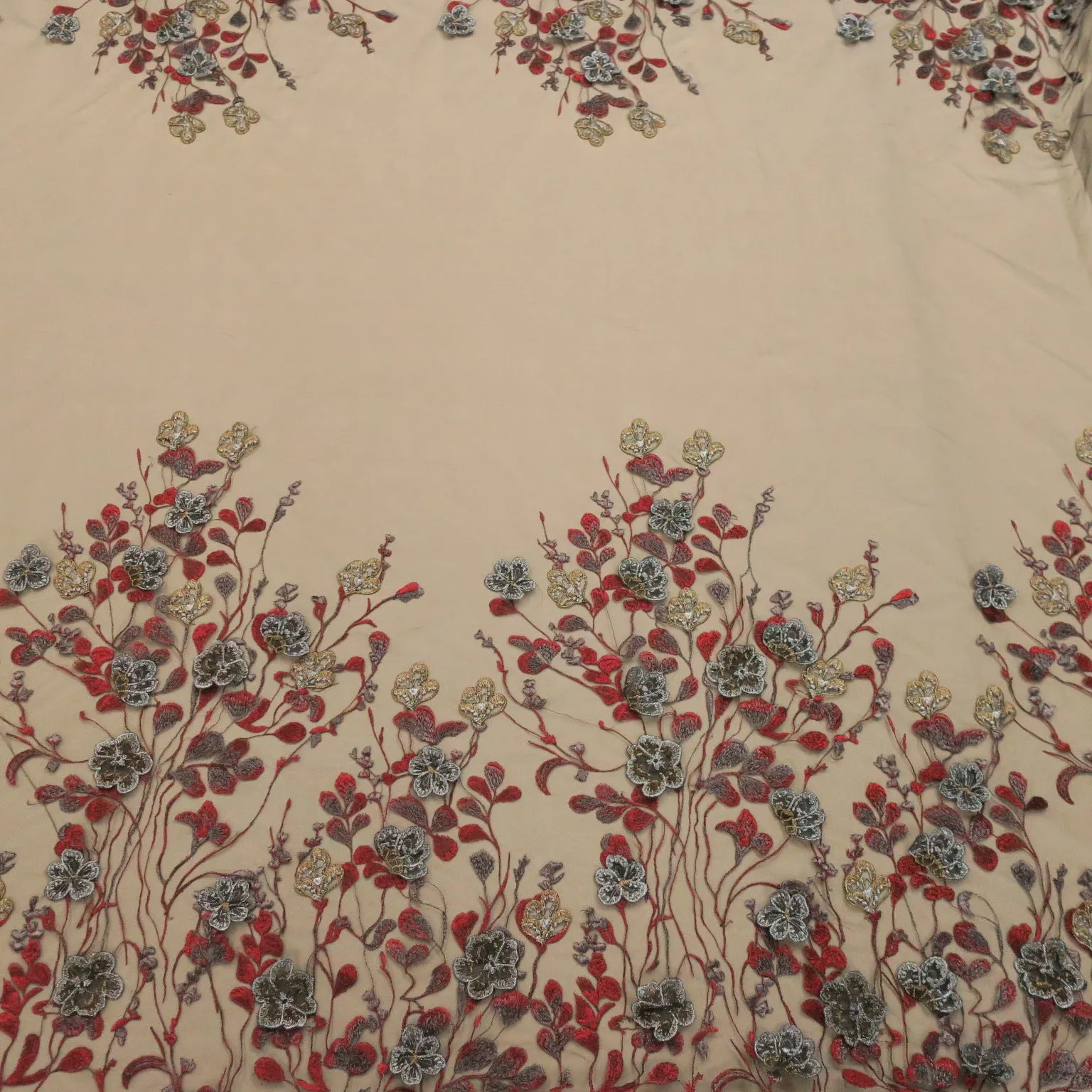 Black Tulle With Silver and Red Floral Embroidery Fabric