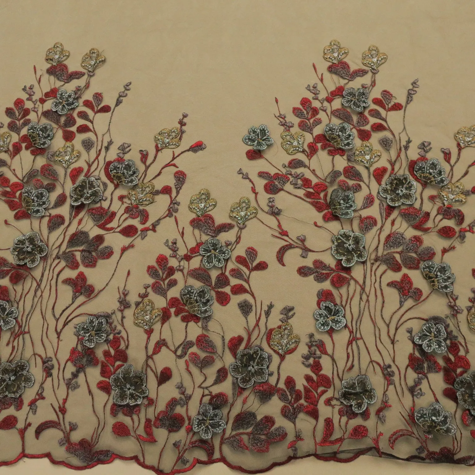 Black Tulle With Silver and Red Floral Embroidery Fabric