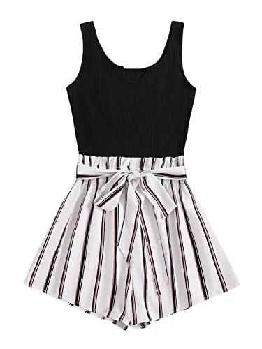 Black White Summer Sleeveless Striped Belted Tank Romper Short Jumpsuit - SOLY HUX