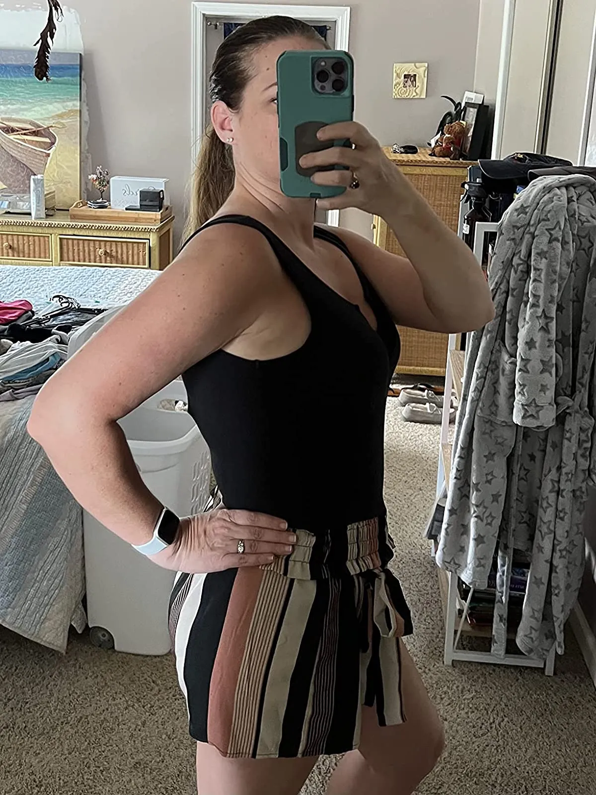 Black White Summer Sleeveless Striped Belted Tank Romper Short Jumpsuit - SOLY HUX