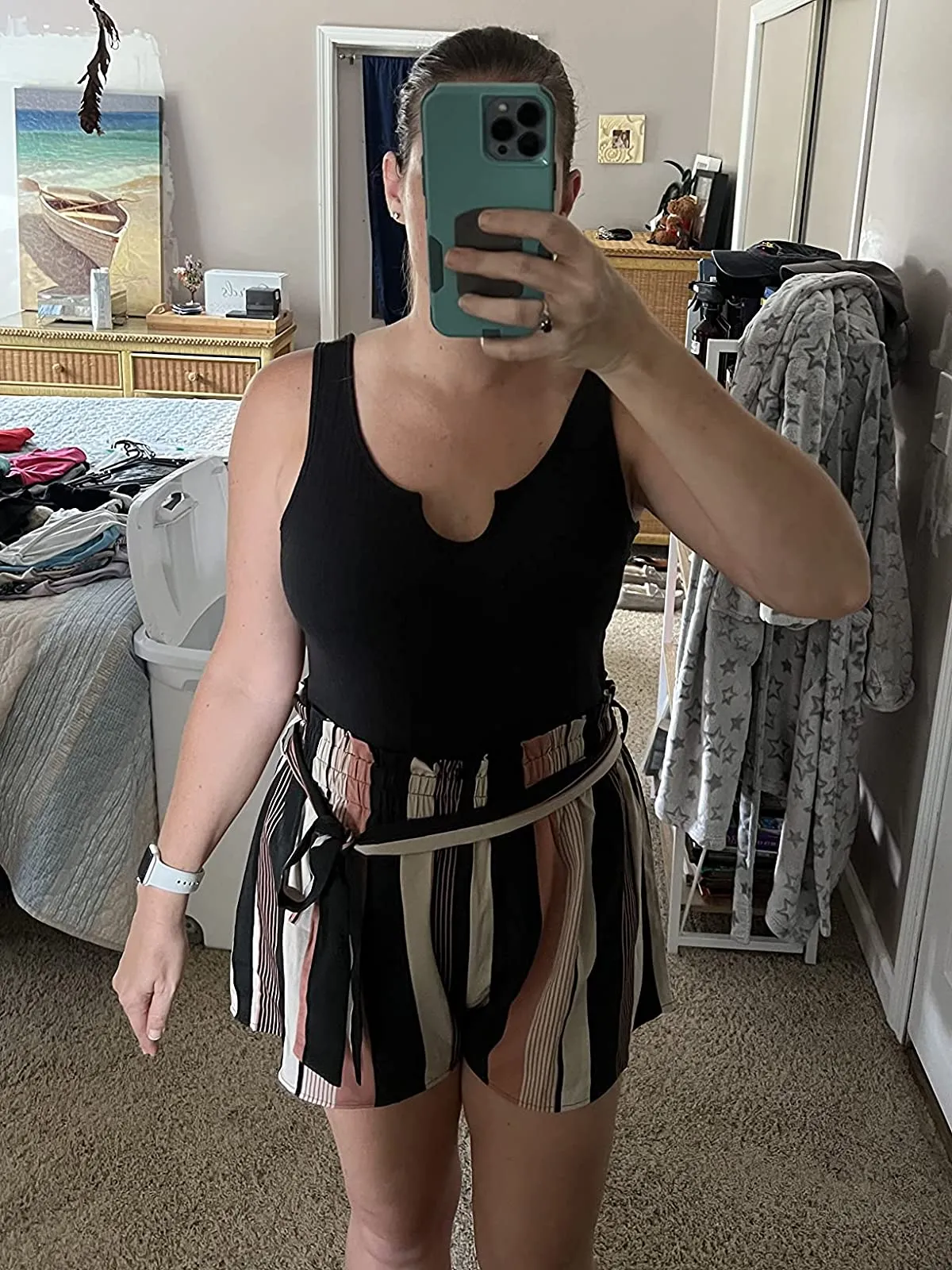 Black White Summer Sleeveless Striped Belted Tank Romper Short Jumpsuit - SOLY HUX