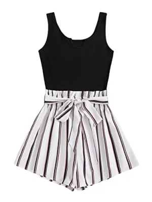 Black White Summer Sleeveless Striped Belted Tank Romper Short Jumpsuit - SOLY HUX
