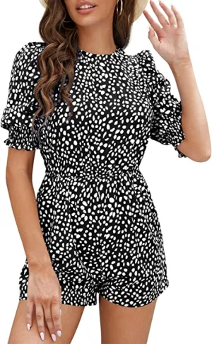 Black Women's Crew Neck Beach Rompers Half Sleeve Elastic Wasit Dots Keyhole Summer Jumpsuit - DOBULO