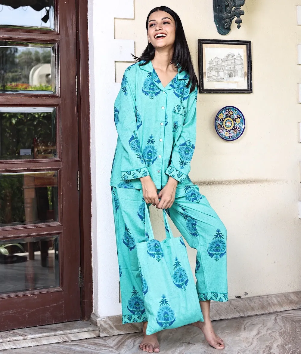 Block Printed Pajama Set: India Green