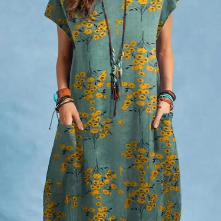 Bohemian Floral Print Dress Women Summer Sundress O-Neck