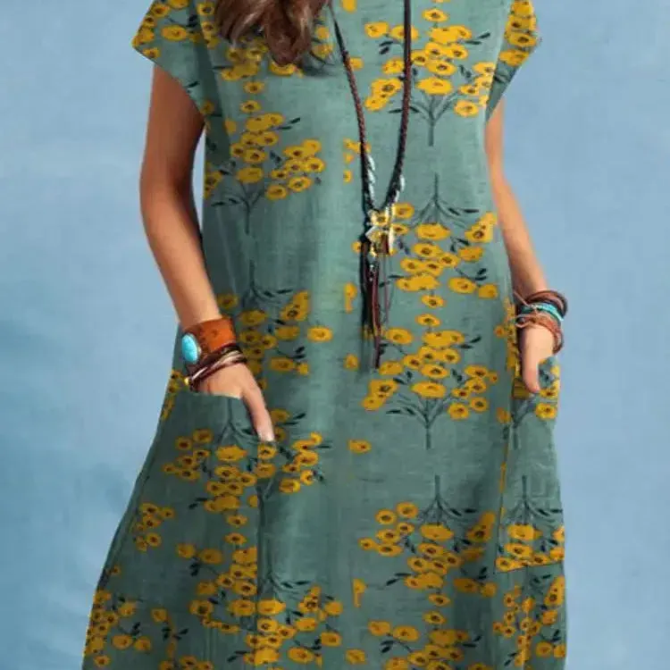 Bohemian Floral Print Dress Women Summer Sundress O-Neck