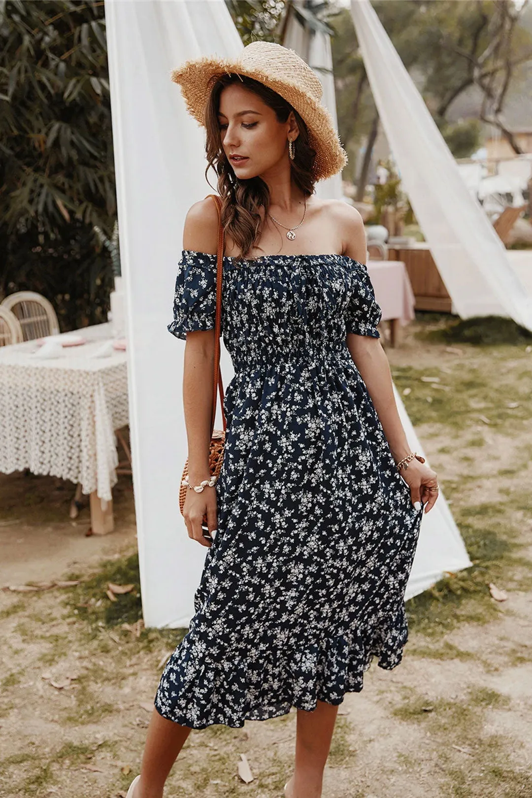 Boho Midi Dress,  Off Shoulder Sundress, Nicole in Navy Blue