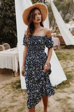 Boho Midi Dress,  Off Shoulder Sundress, Nicole in Navy Blue
