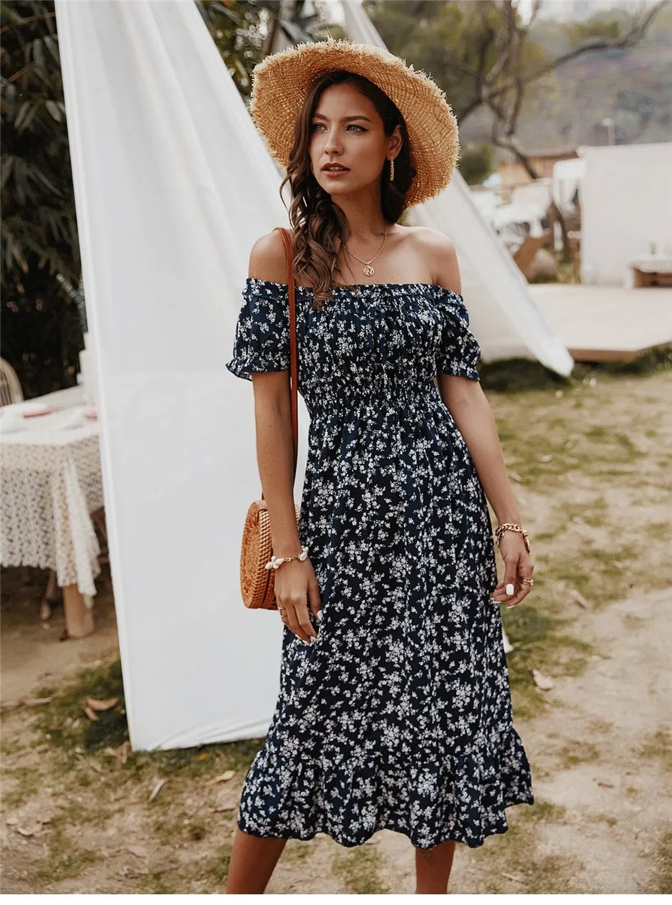 Boho Midi Dress,  Off Shoulder Sundress, Nicole in Navy Blue