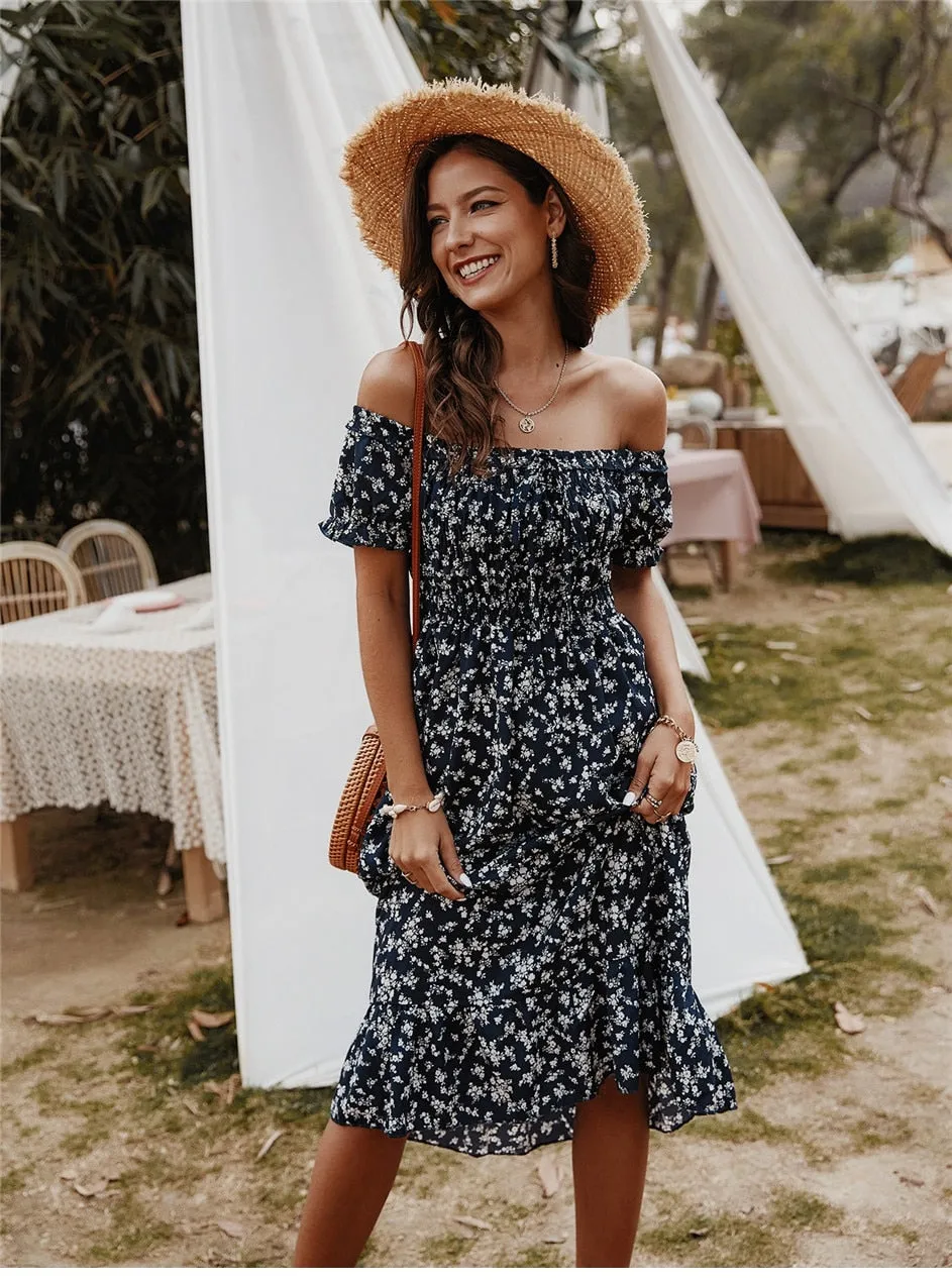 Boho Midi Dress,  Off Shoulder Sundress, Nicole in Navy Blue