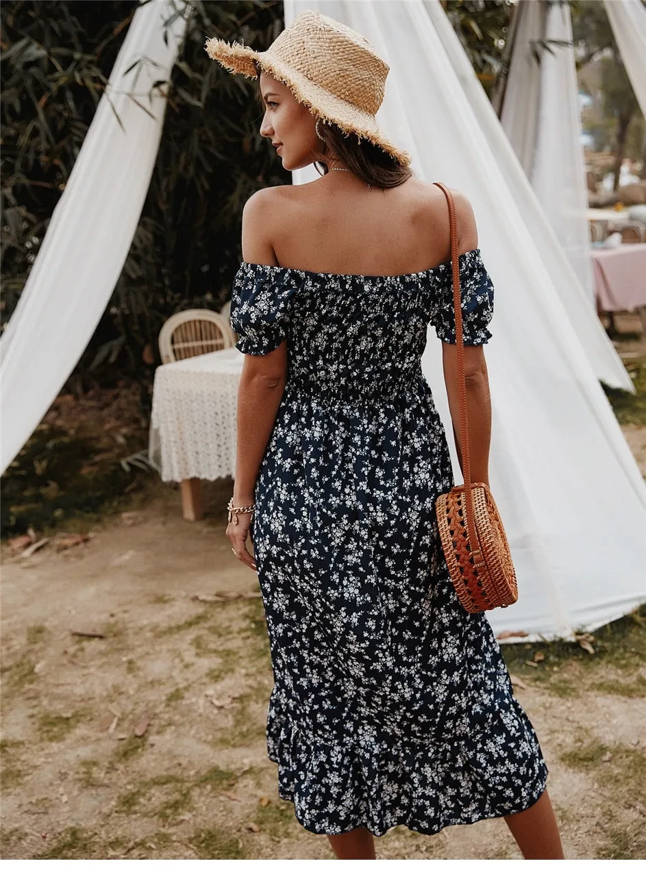 Boho Midi Dress,  Off Shoulder Sundress, Nicole in Navy Blue
