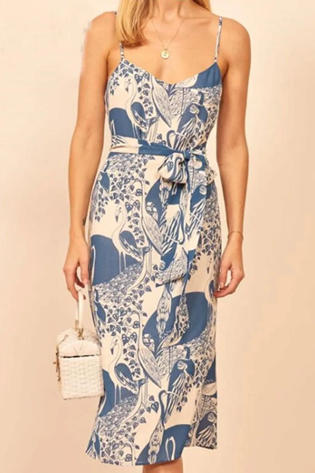 Boho Midi Dress, Strappy Sundress, Blue Stork