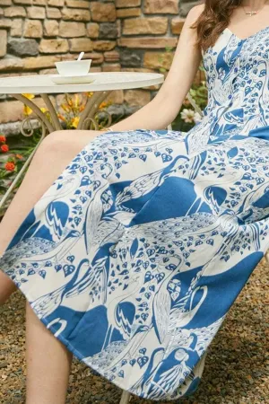Boho Midi Dress, Strappy Sundress, Blue Stork