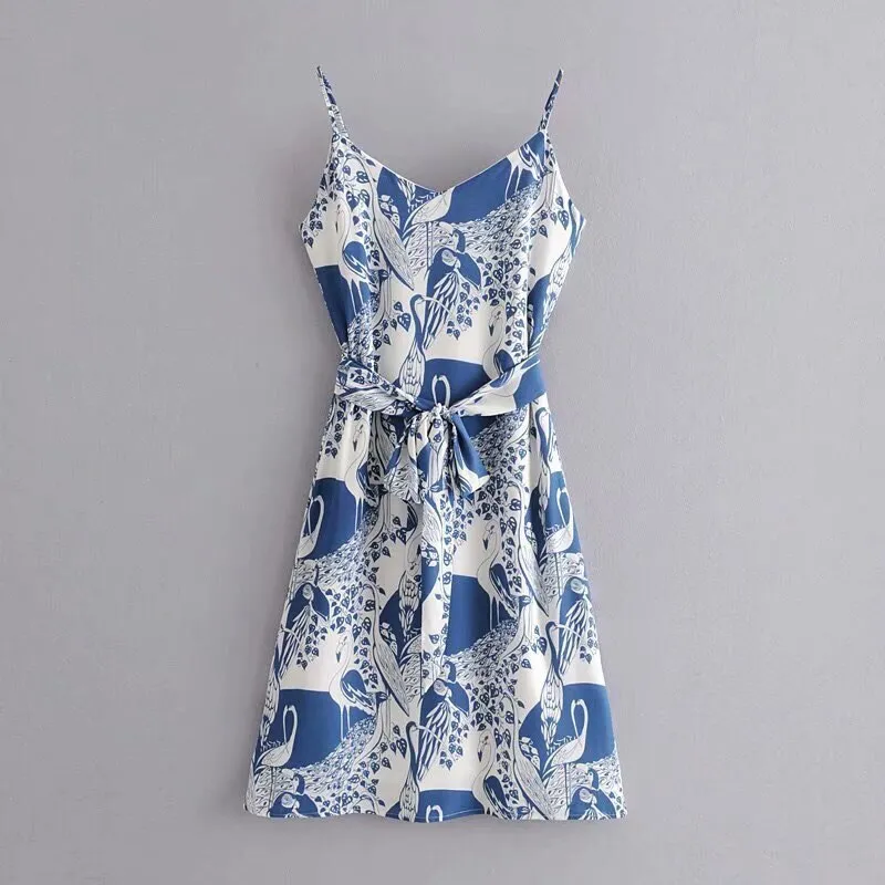 Boho Midi Dress, Strappy Sundress, Blue Stork