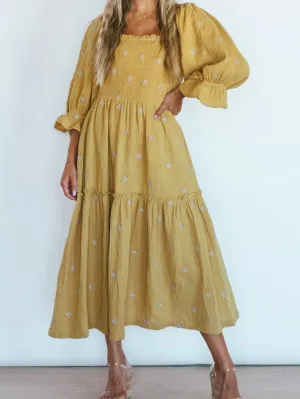 Boho Yellow Floral Ruffle Midi Dress