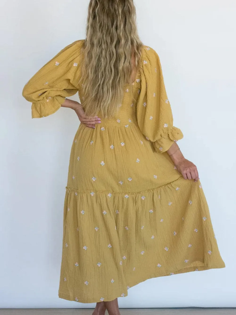 Boho Yellow Floral Ruffle Midi Dress