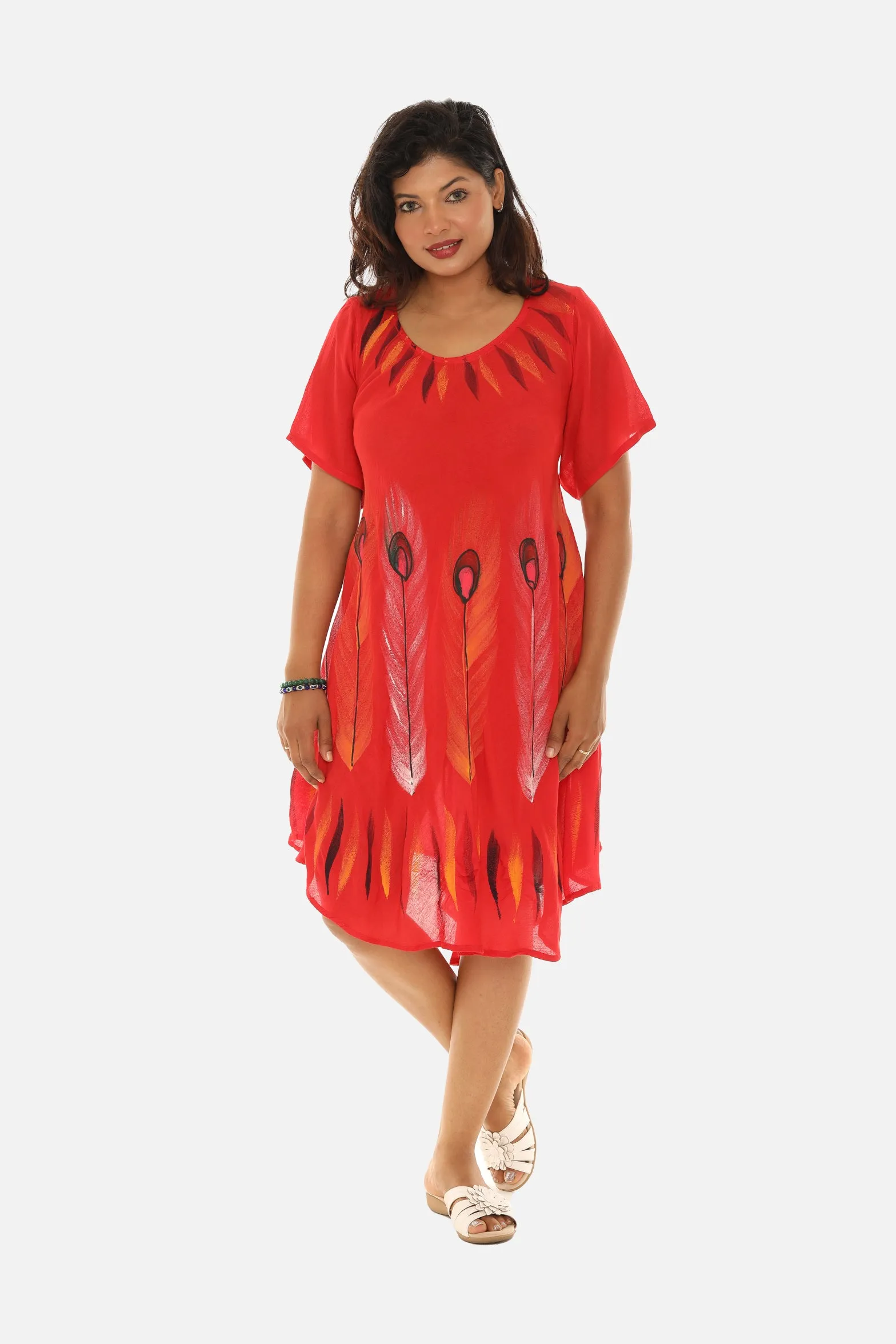 Brush Paint Half Sleeve Scoop Neck Midi Sundresses