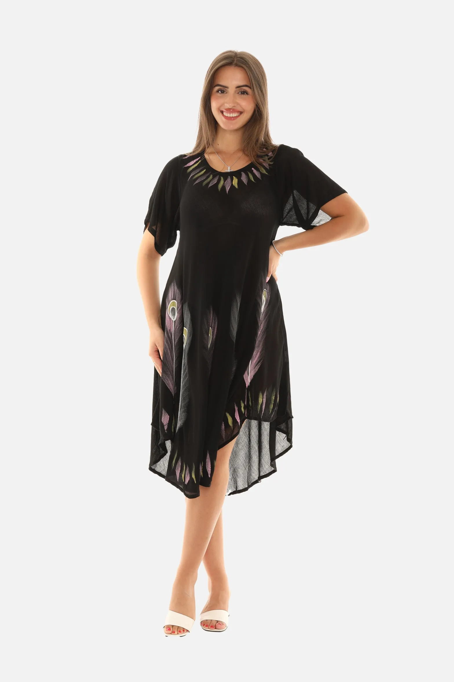 Brush Paint Half Sleeve Scoop Neck Midi Sundresses