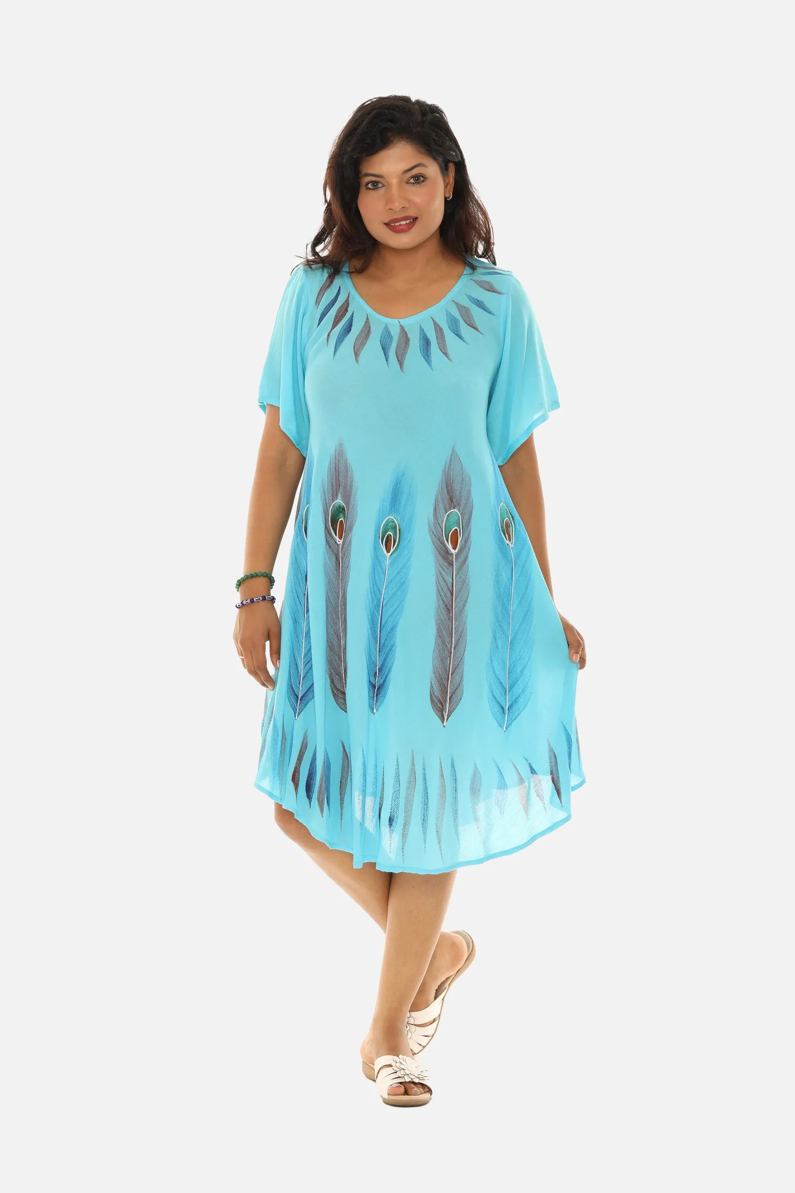 Brush Paint Half Sleeve Scoop Neck Midi Sundresses