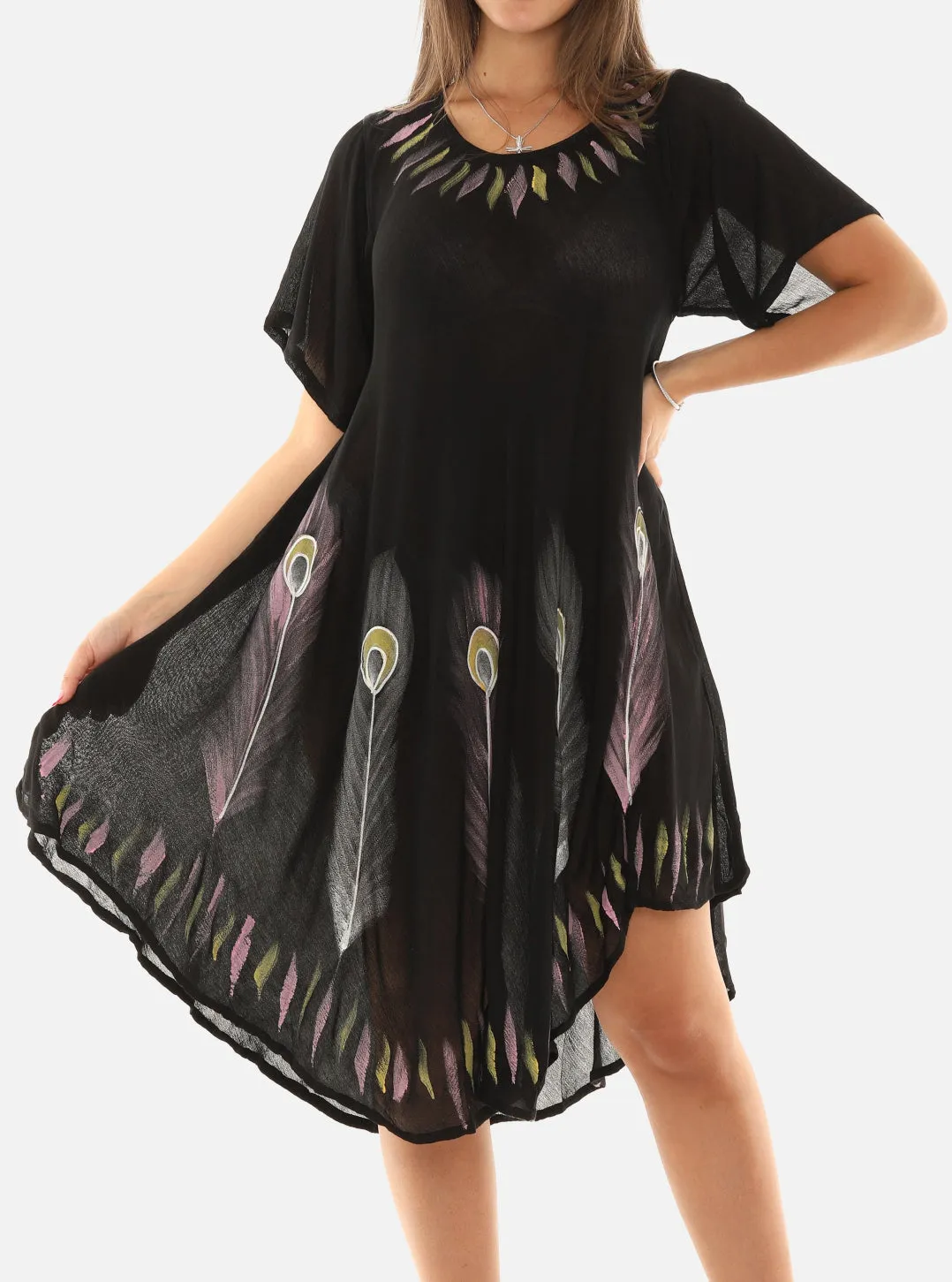 Brush Paint Half Sleeve Scoop Neck Midi Sundresses