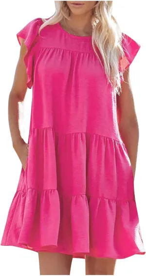 Cap Sleeve Dress for Women 2025 Summer Casual Crew Neck Ruffles Flowy Loose Swing Beach Mini Dresses with Pocket