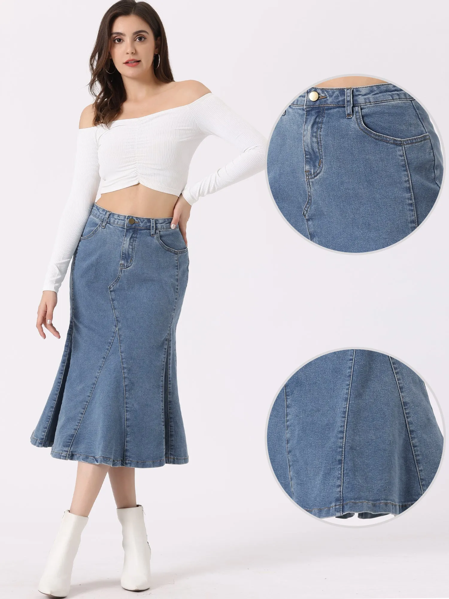 Casual Denim High Waisted A-Line Flared Midi Skirt