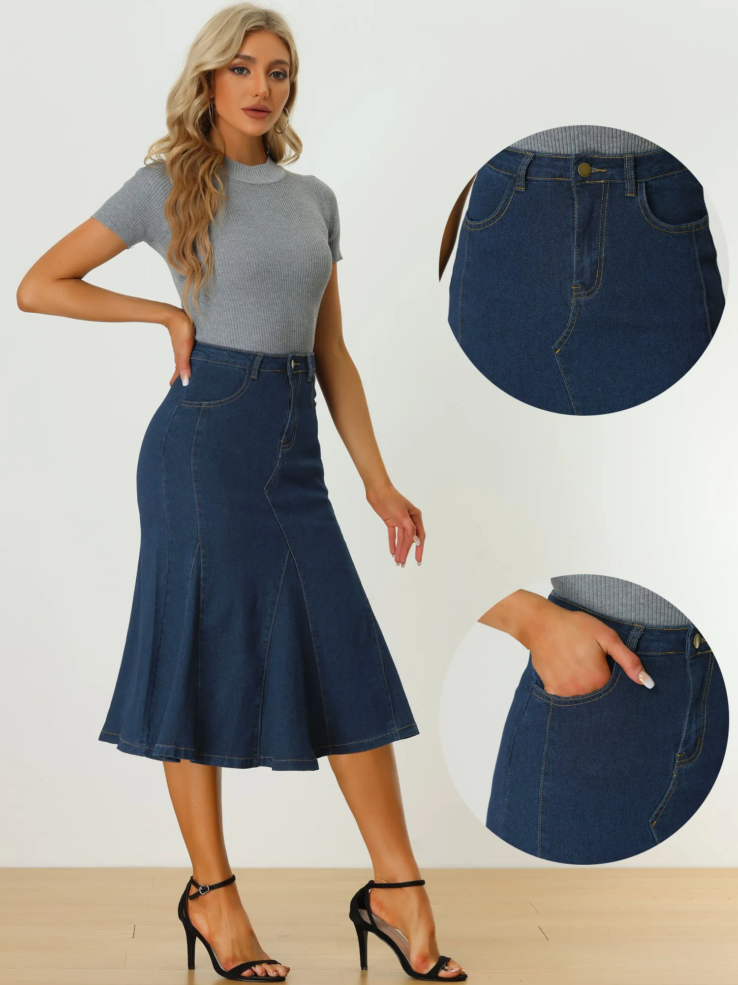 Casual Denim High Waisted A-Line Flared Midi Skirt